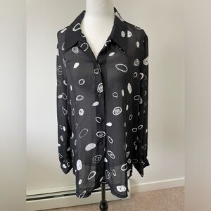 Vintage East West Black with White Circle Pattern Sheer Button Down